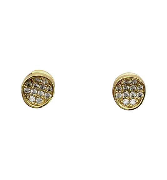Gold earrings with embedded stones on a white background