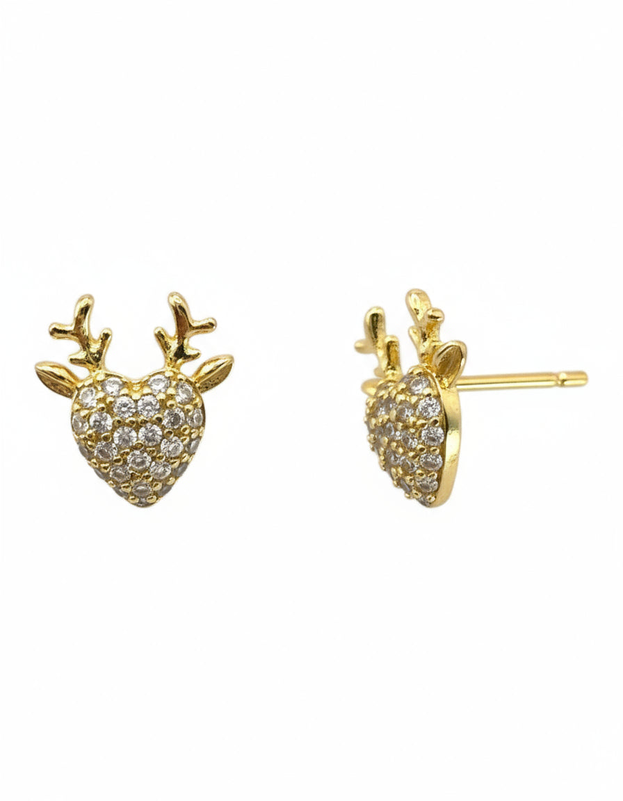 Gold heart-shaped earrings with antlers on a white background