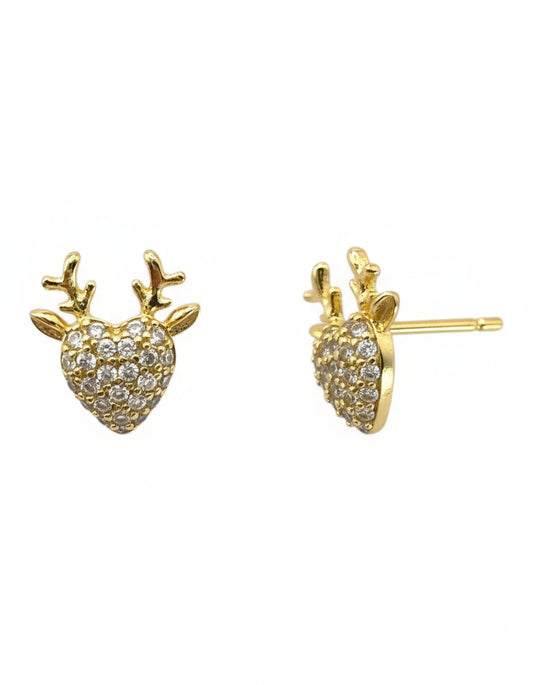 Gold heart-shaped earrings with antlers on a white background