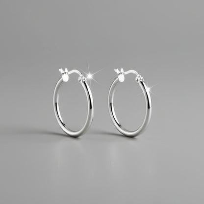 Pair of silver hoop earrings on a white background