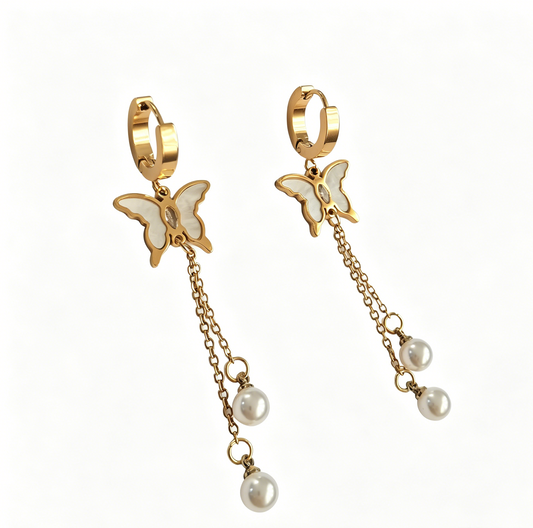 Butterfly Pearl Tassel Hoop Waterproof Earrings