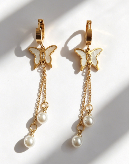 Butterfly Pearl Tassel Hoop Waterproof Earrings