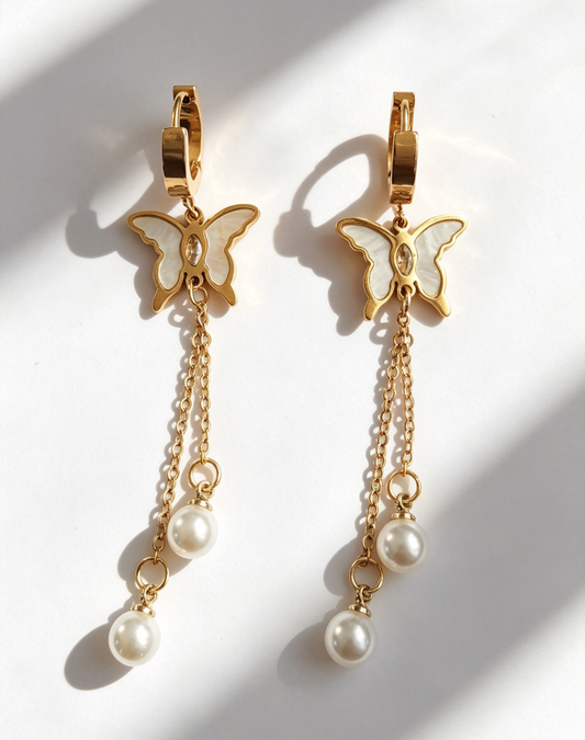 Butterfly Pearl Tassel Hoop Waterproof Earrings