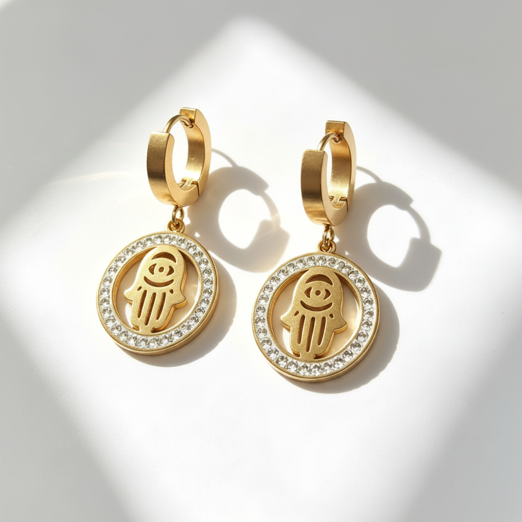 Evil Eye Hamsa Hand Zircon Hoop Waterproof Earrings