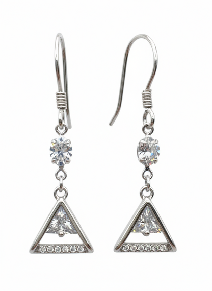 Pair of silver triangle earrings with clear gemstones on a white background