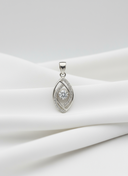 Silver pendant with a central gemstone on a white background