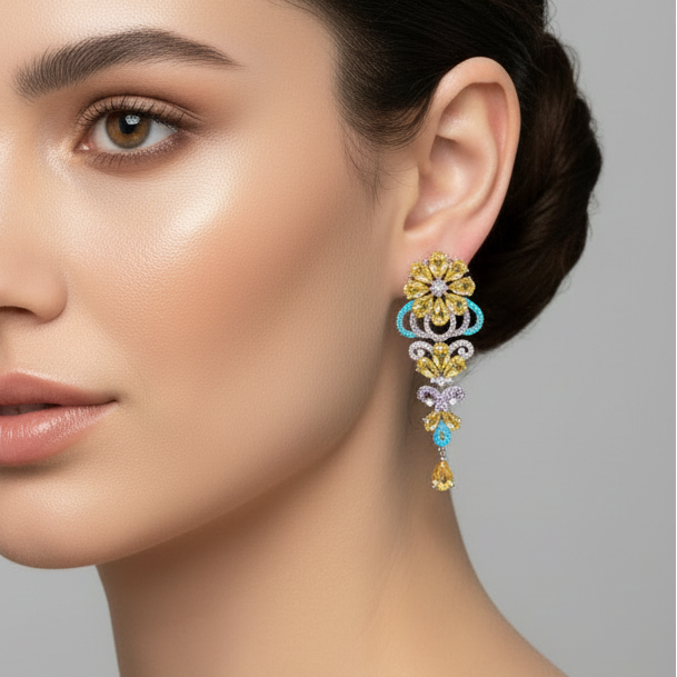 Hand Craft multi-colored crystal floral earrings