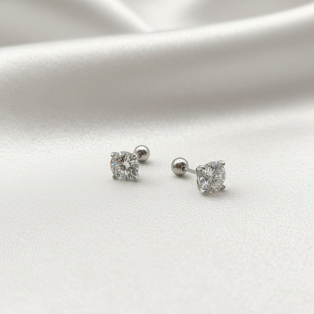 Sterling Silver Round Zircon Screw-Back Earrings