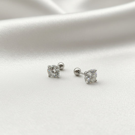 Sterling Silver Round Zircon Screw-Back Earrings