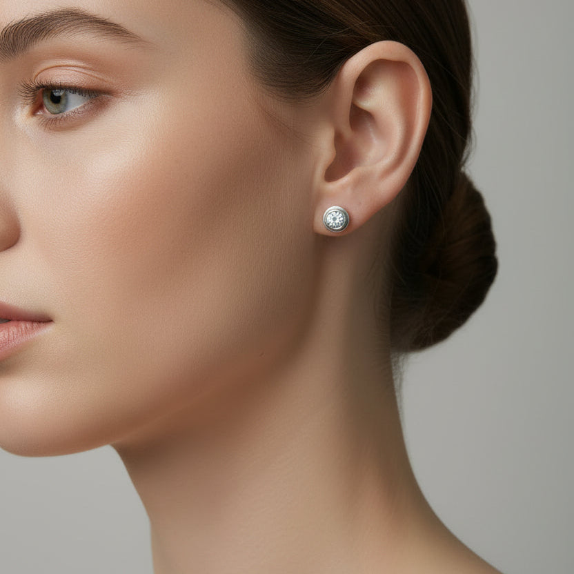 Sterling Silver Round Zircon Stud Earrings