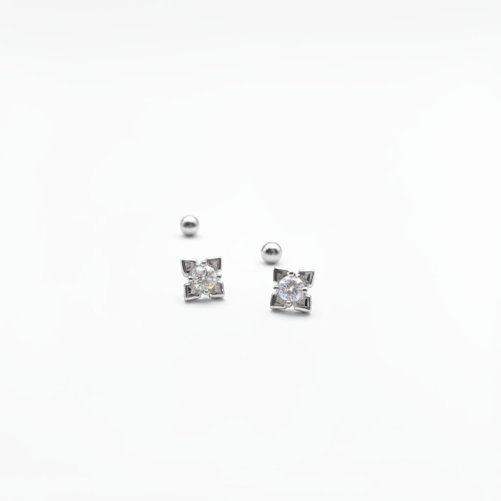 Sterling Silver Flower Zircon Stud Screw-Back Earrings