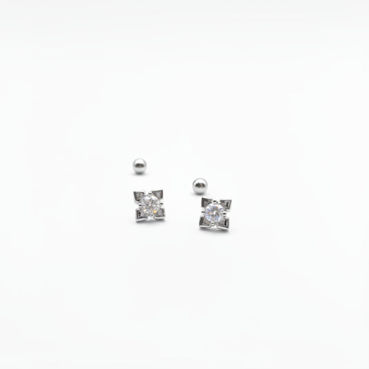 Sterling Silver Flower Zircon Stud Screw-Back Earrings