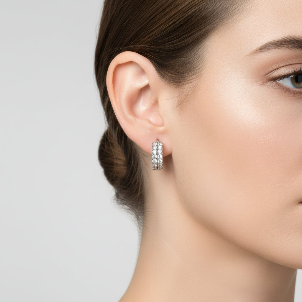 Sterling Silver Double-Row  Huggie Hoop Zircon Earrings