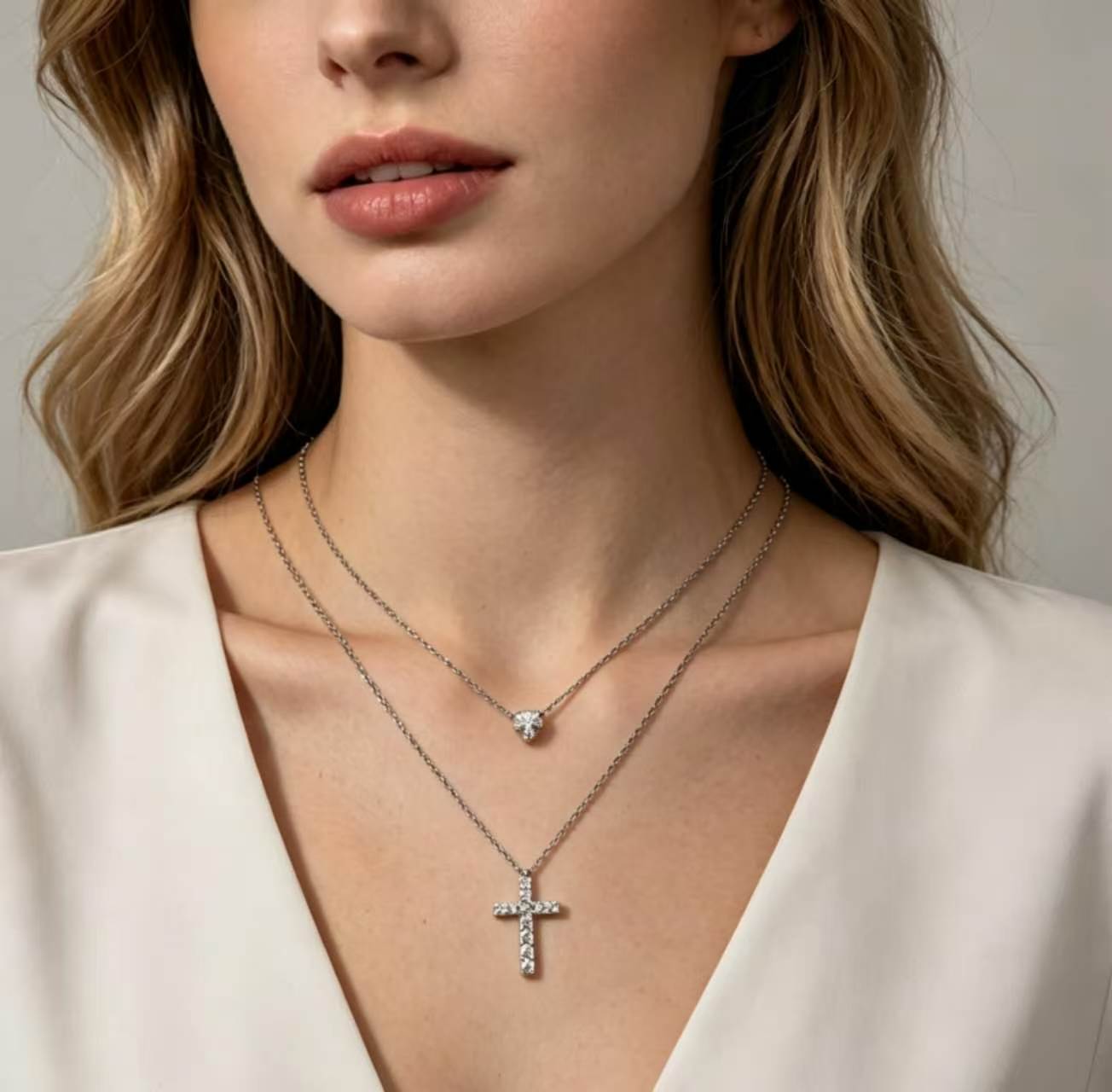 Sterling Silver Cubic Zirconia Layered Cross And Heart Necklace
