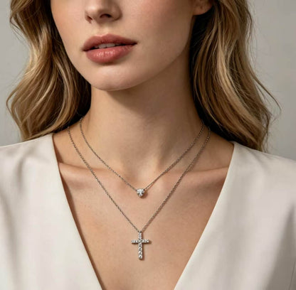 Sterling Silver Cubic Zirconia Layered Cross And Heart Necklace