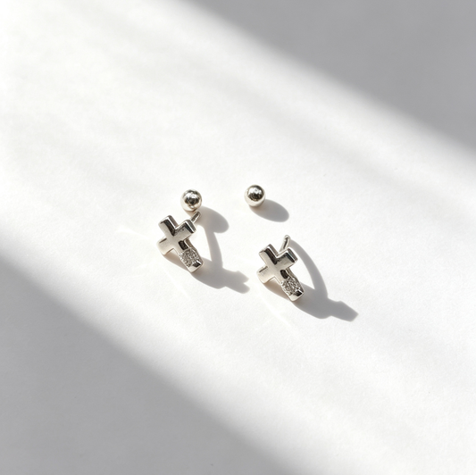 Sterling Silver Cross Zircon Screw-Back Earrings