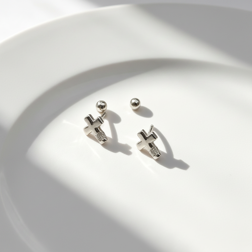 Sterling Silver Cross Zircon Screw-Back Earrings