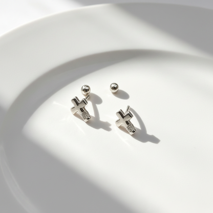 Sterling Silver Cross Zircon Screw-Back Earrings