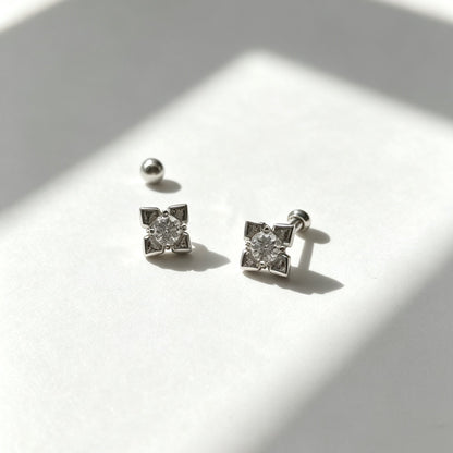 Sterling Silver Flower Zircon Stud Screw-Back Earrings