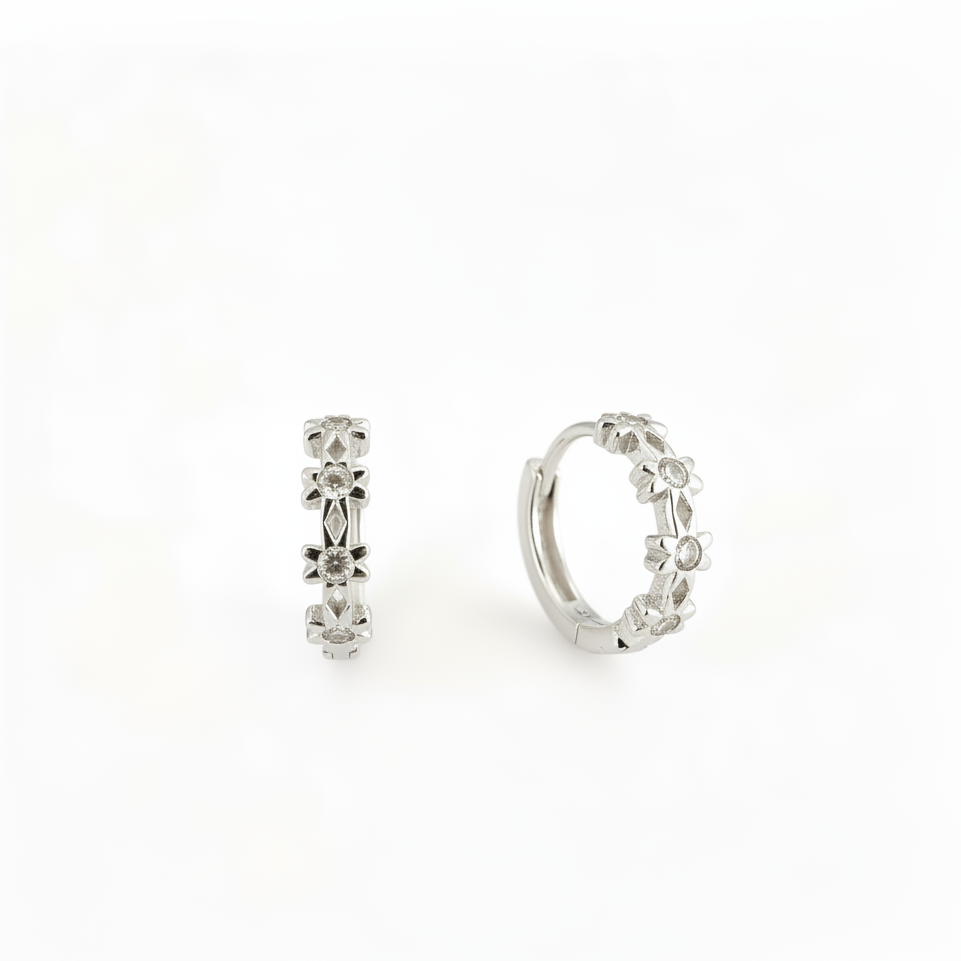 Sterling Silver Flower Zircon Huggie Hoop  Earrings