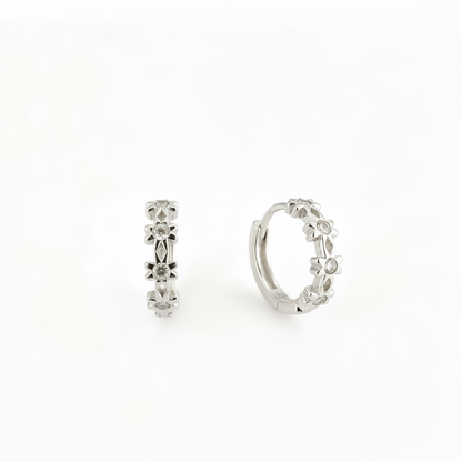 Sterling Silver Flower Zircon Huggie Hoop  Earrings