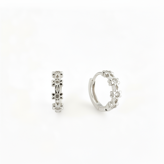 Sterling Silver Flower Zircon Huggie Hoop  Earrings