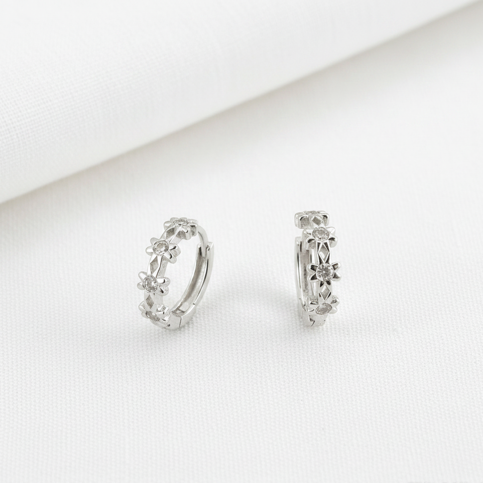 Sterling Silver Flower Zircon Huggie Hoop  Earrings
