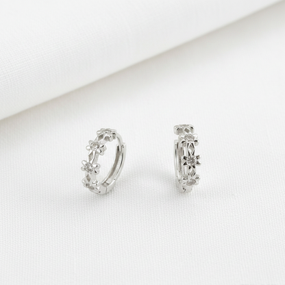 Sterling Silver Flower Zircon Huggie Hoop  Earrings