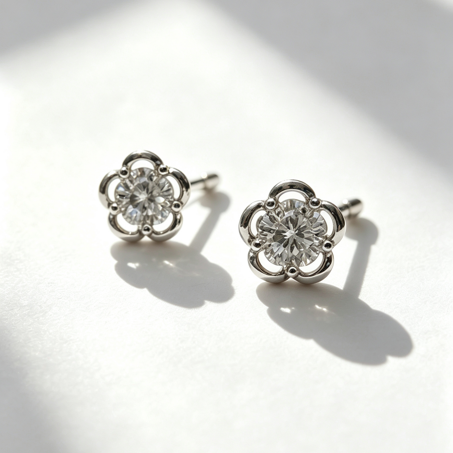 Sterling Silver Flower Zircon Screw Back Earrings