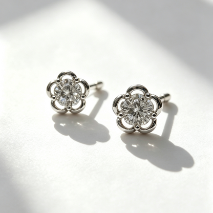 Sterling Silver Flower Zircon Screw Back Earrings