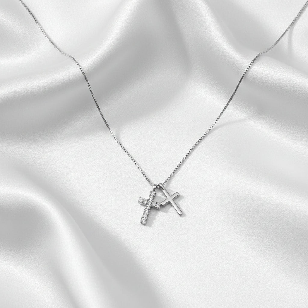 Sterling Silver Double Cross Cubic Zirconia Necklace