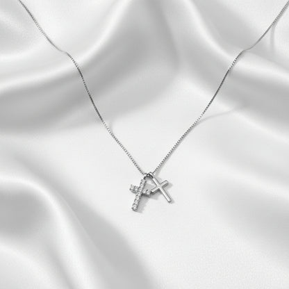 Sterling Silver Double Cross Cubic Zirconia Necklace