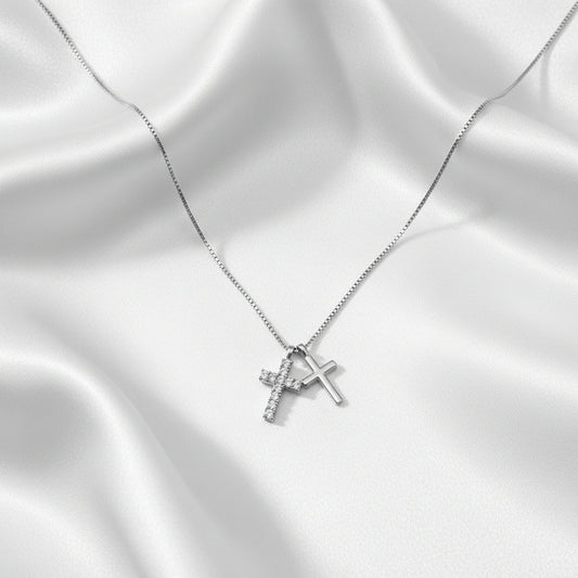 Sterling Silver Double Cross Cubic Zirconia Necklace