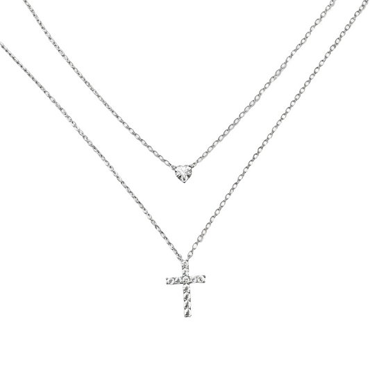 Sterling Silver Cubic Zirconia Layered Cross And Heart Necklace