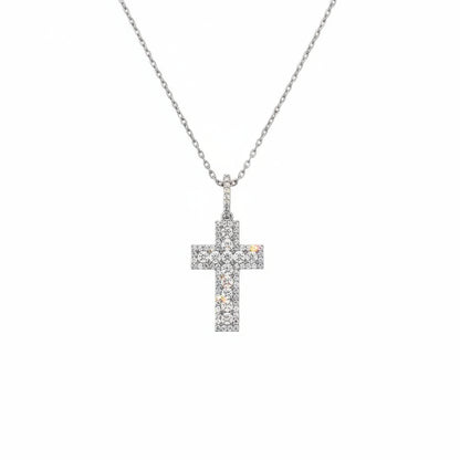 Silver cross necklace on a white background