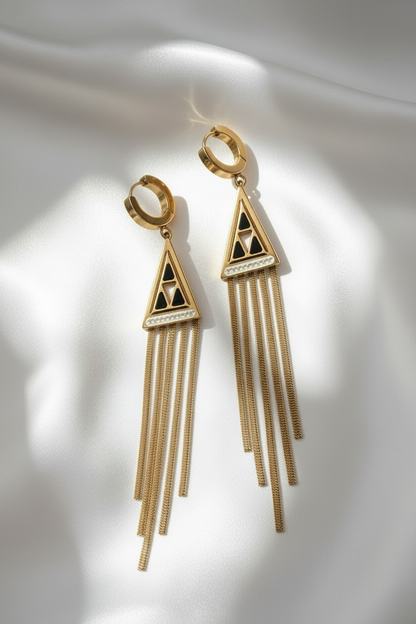 Triangular Openwork Tassel Zircon Hoop Waterproof Earrings