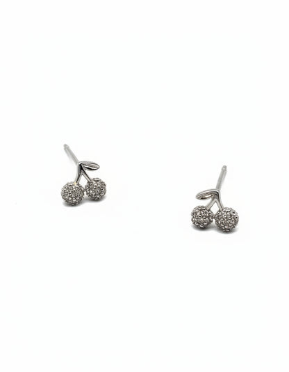 Silver cherry-shaped earrings on a white background