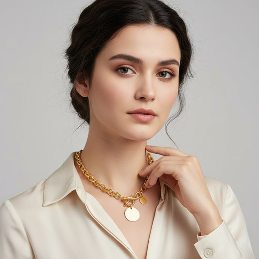 Gold necklace with round pendants on a white background