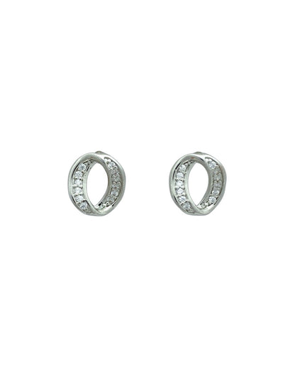 Pair of silver studs earrings with clear stones on a white background