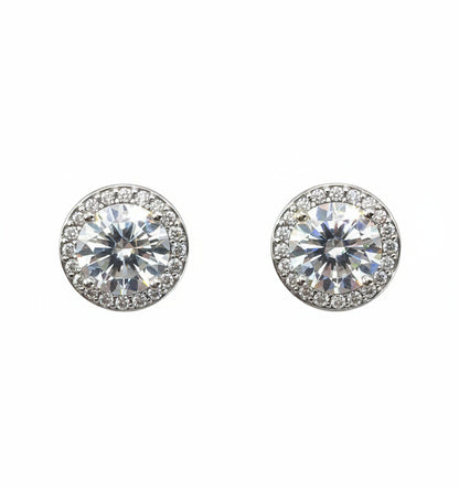 Pair of silver stud earrings with clear gemstones on a white background