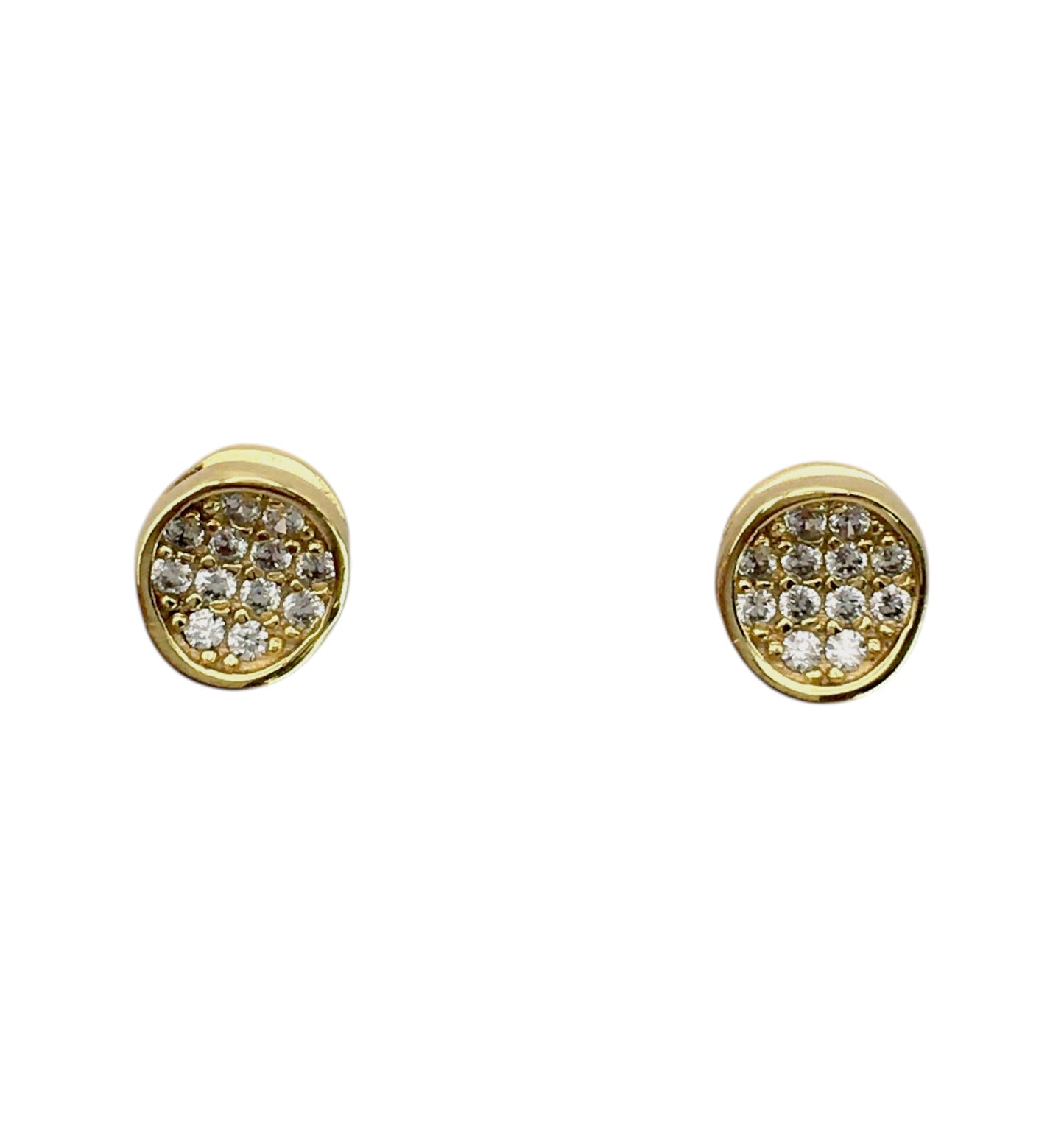 Gold earrings with embedded stones on a white background