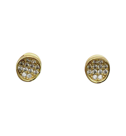 Gold earrings with embedded stones on a white background